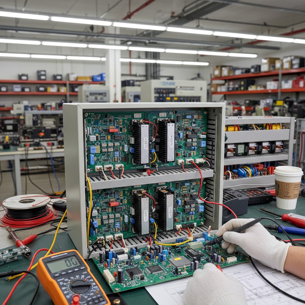 VFD repair service by Baiza Automation with technician diagnosing industrial drive